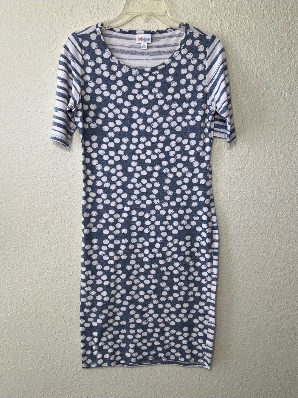 LulaRoe Cotton Sheath Dress Stripes Polka Dots Blue Gray White Size Small